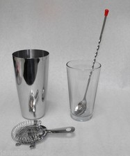 4 pc. BAR MARTINI COCKTAIL SHAKER SET Boston Shaker Bar Spoon Hawthorne Strainer