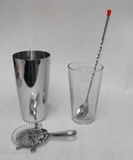 4 pc. BAR MARTINI COCKTAIL SHAKER SET Boston Shaker Bar Spoon Hawthorne Strainer