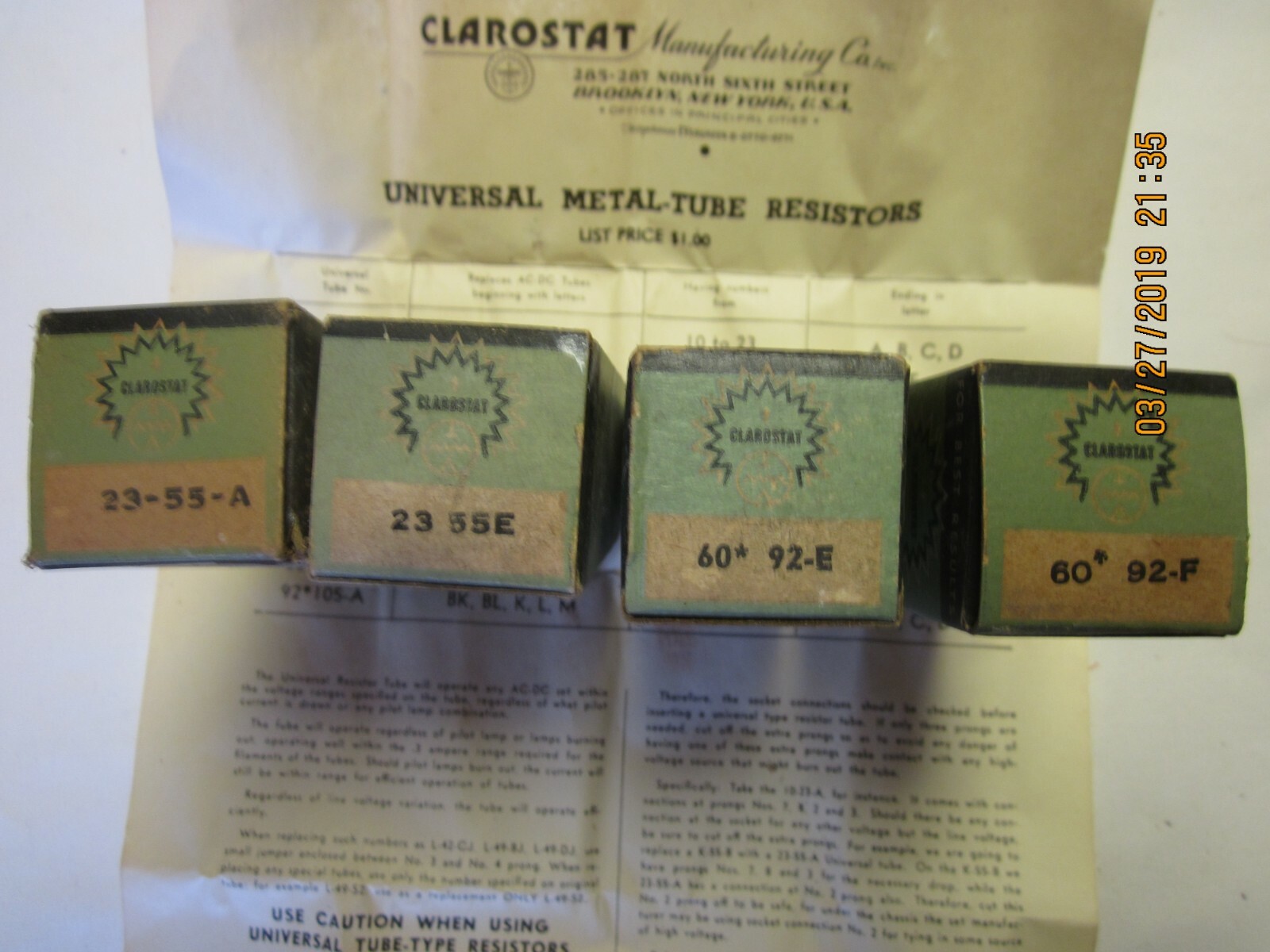 Universal Ballast Tube Resistors Type 6092A,2355A,2355E,6092 E