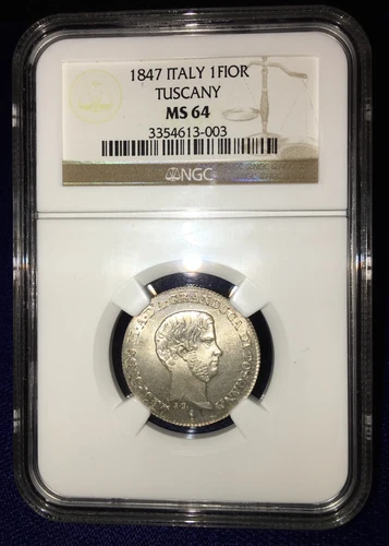 ITALY / ITALIAN STATES  TUSCANY  1847  1 FIORINO SILVER COIN NGC CERTIFIED MS64