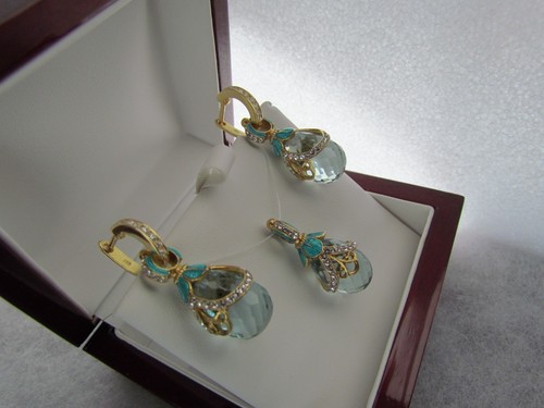 AQUAMARINE EARRINGS & PENDANT SET HANDMADE RUSSIAN SOLID STERLING SILVER 925 - Picture 4 of 8
