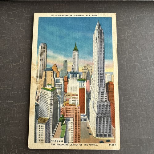 DOWNTOWN SKYSCRAPERS Postkarte LEINEN New York 1953 verschickt AcaciaCard Co
