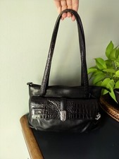 Vtg BRIGHTON Black Leather w/Croc Detail Leather Black Shoulder Bag Double Strap