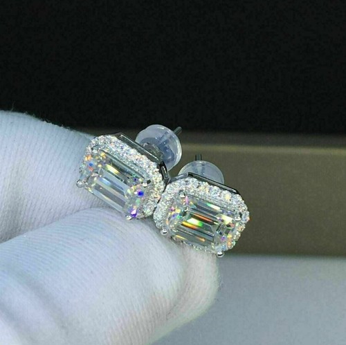 3.60 ct Emerald Cut Moissanite Halo Stud Earring wedding anniversary for women - Picture 3 of 5