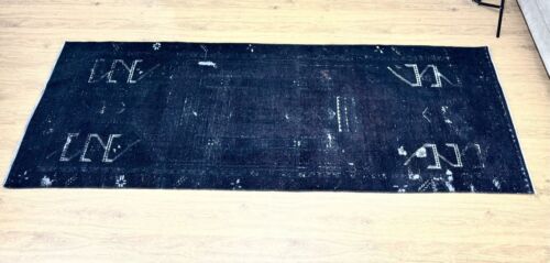 3x8 Vintage Turkish Rug Runner, Handmade Wool Rug, Oushak Rug, Black Navy Blue - Picture 3 of 9