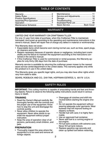 Owners Manual Sears Craftsman 5.0 HP  24” Front Tine Tiller Model 917.291482 - Picture 2 of 4