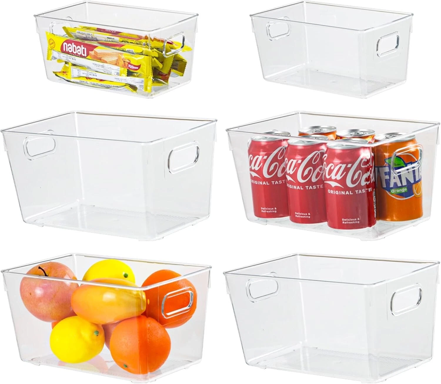6-Pack Clear Plastic Storage Bins for Kitchen Pantry Organization with Handles