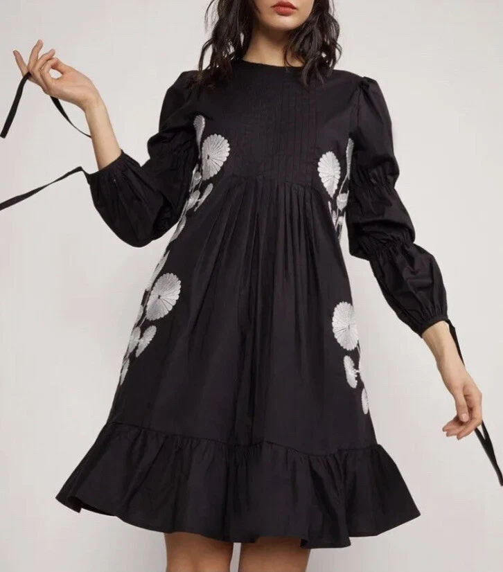 Cynthia Rowley Kyoto Embroided Dress Sz XS Black White Floral 400