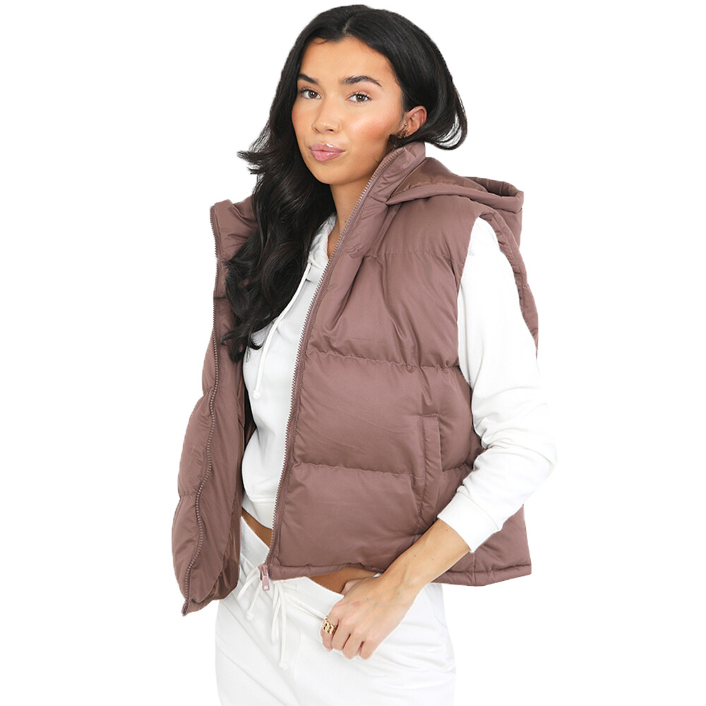 Ladies Brave Soul Mila Padded Bodywarmer Cropped Microfibre Hooded Gilet