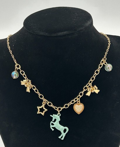 Collana con ciondolo unicorno cuore stella fiocco catena tono oro fantasia gioielli 16" - Foto 2 di 4
