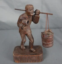 Vintage Wooden Asian Hand Carved Man Carrying Water Bucket Figurine