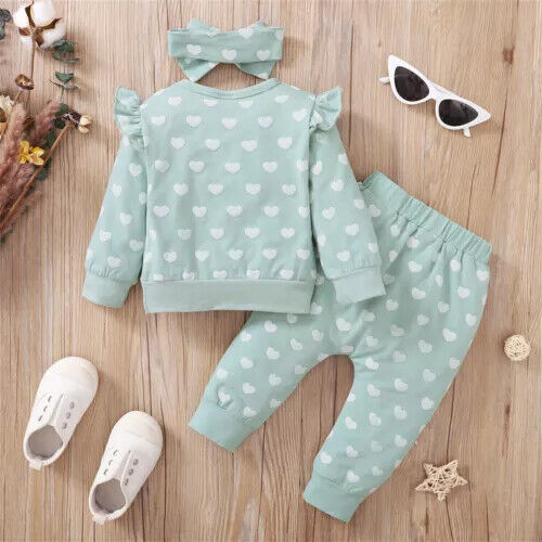 Infant Baby Kid Girls Heart Print Tops Trouser Outfits Tracksuit Clothes Set - Picture 8 of 15