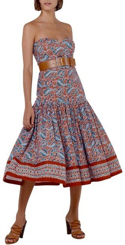 Talla 10 Nuevo con etiquetas Verónica Barba Flor Cachemira Midi Vestido Sin tirantes Algodón Azul Arcilla - Imagen 2 de 12