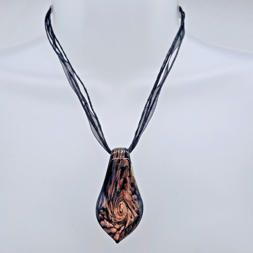 Copper Lampwork Necklace Art Glass Swirl Tear Drop Pendant Black Ribbon Chain - Picture 3 of 9