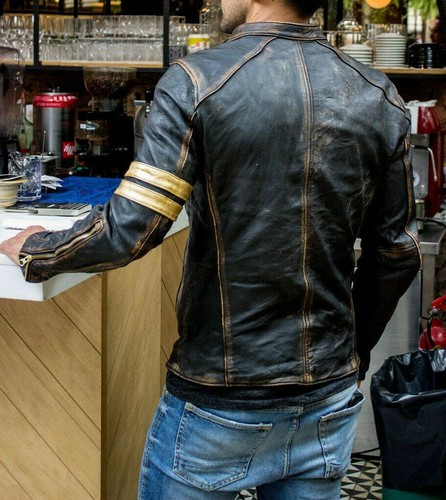 Herren Schwarz Biker Vintage Motorrad Distressed Cafe Racer Lederjacke - Bild 2 von 5