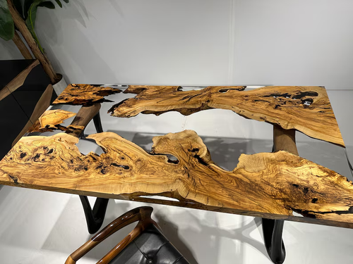 Maßgefertigter olivklarer Epoxid River Esstisch, Live Edge Resin River Epoxidtisch - Bild 8 von 14