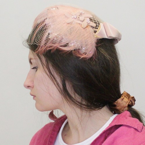 Vintage 50s Sheer Pink Hat with Veil Feathers Velvet Bow - Picture 3 of 11