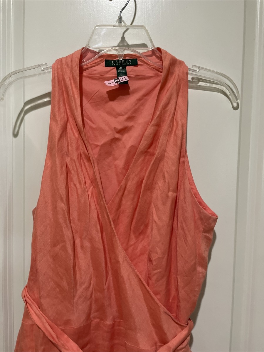 $189 Ralph Lauren Peach Linen A-Line Ruffle Halter Midi Wrap