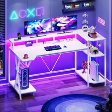 White Gaming Desk 55'' with LED Lights and Storage Shelves, Large PC Gamer Desk