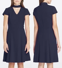 Tahari 7229M463 Dark Navy Choker-Neck Bi-Stretch Fit & Flare Dress - $128