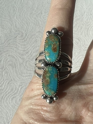 2 stone Kingman Turquoise Sterling Silver Sz9.5 Navajo Avin Joe R0259 - Picture 2 of 5