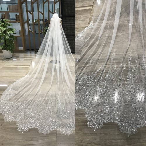 Velo de boda catedral lentejuelas blancas apliques borde de encaje accesorios nupciales - Imagen 1 de 8