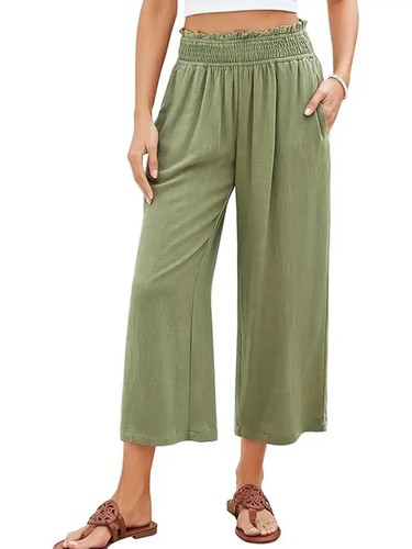 Damen Caprihose hoher Bund weites Bein Leinen elastisch gesmokter Bund fließende Hose - Bild 13 von 24