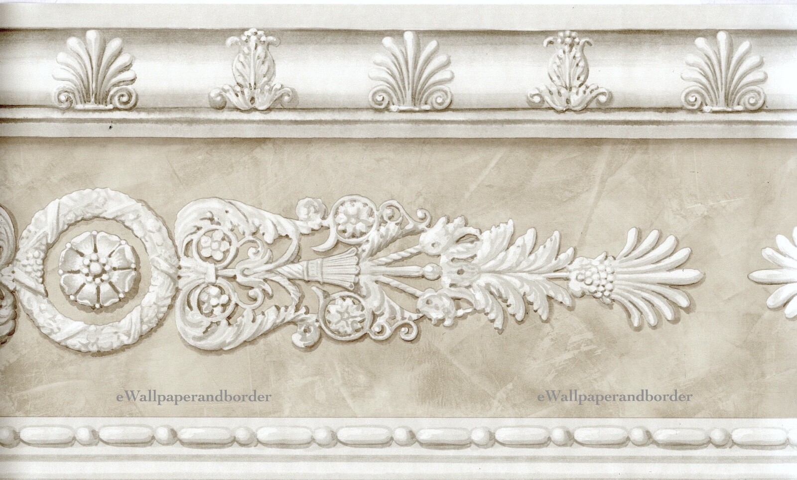 Designer Filigree Leaf Baroque Shell Wallpaper Border Beige Silver 15' Designer Filigree Leaf Baroque Shell Wallpaper Border Beige Silver 15'