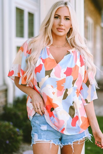 I AM A FASHION JUNKY Bluse mehrfarbig Blumenmuster V-Ausschnitt Halbarm