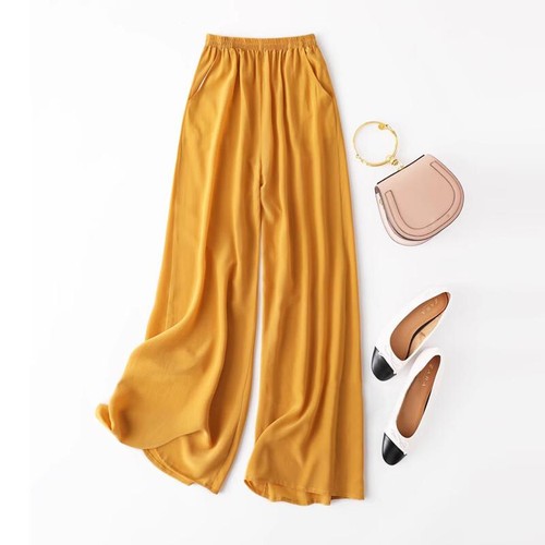 Women's Wide-leg Pants Elastic Waist Mulberry Silk Comfortable Solid Trousers - Picture 28 of 31