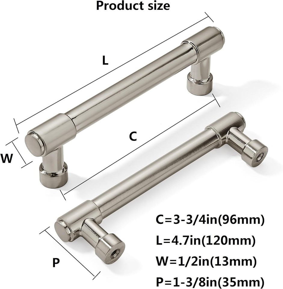 2 Pack Brushed Satin Nickel Pulls 33/4 Inch Hole Center Solid