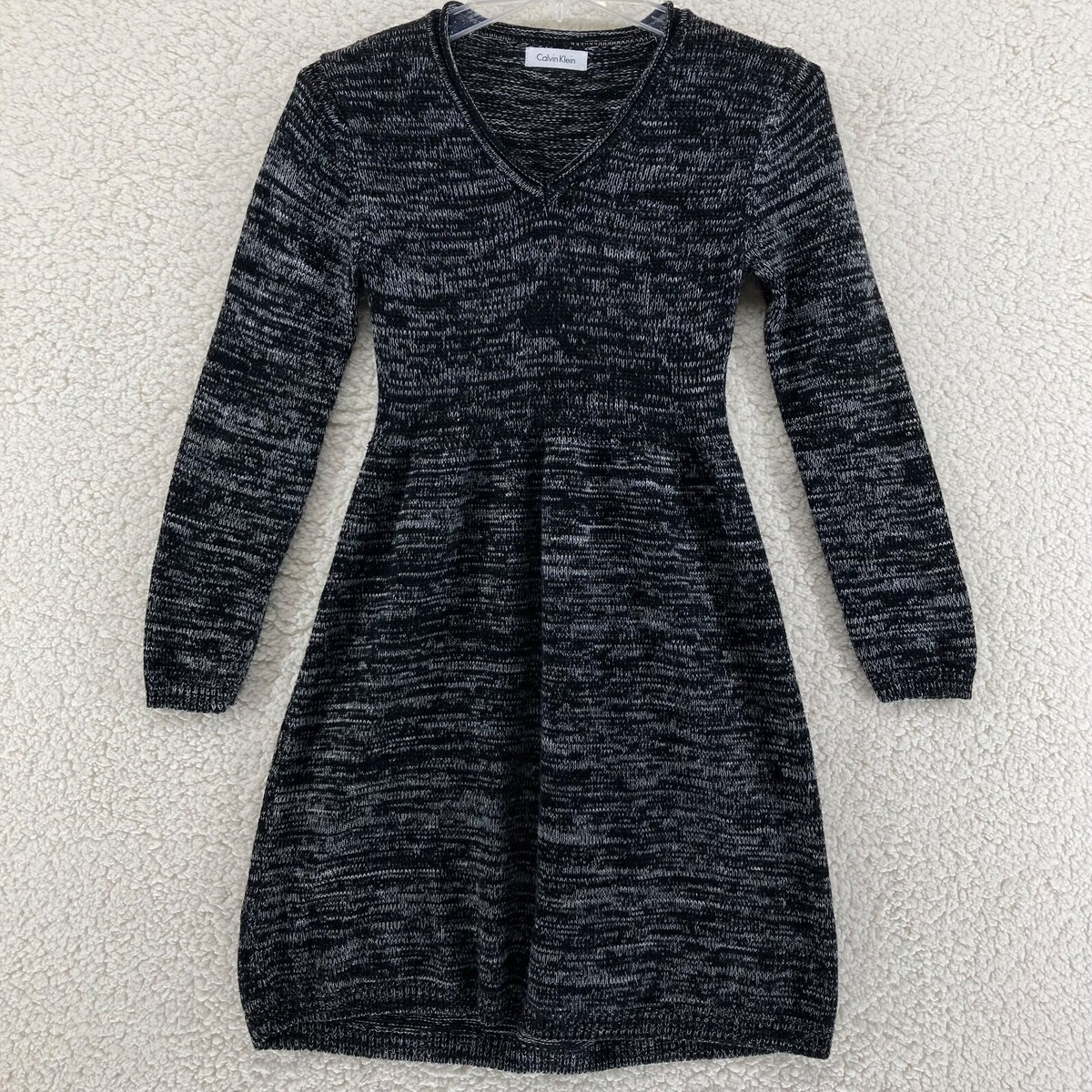 Calvin Klein Womens Small 4/6 Heathered Black V-Neck Long Sleeved Knit Dress