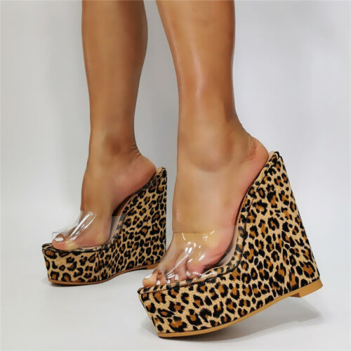 Women Wedges Sandals Platform Heels Slippers PVC Transparent Shoes Big Size 5-20 - Picture 16 of 29