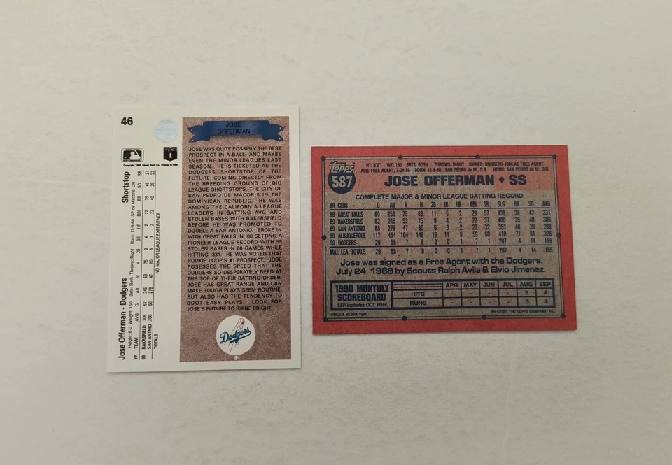 Lote de tarjetas de novato de los Dodgers RC 1990 cubierta superior José Offerman 46 Pedro Astacio Foto 3 de 4
