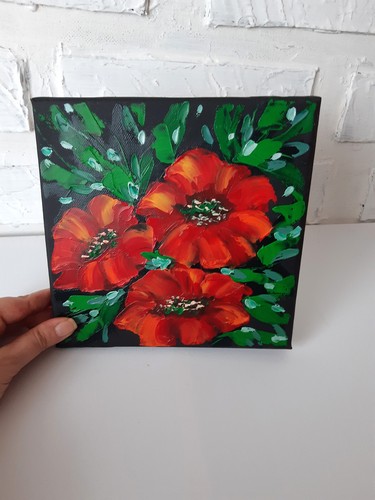 Arte de pared en lienzo pequeño de 8 por 8 pintura al óleo original de flor de amapola. - Imagen 6 de 8