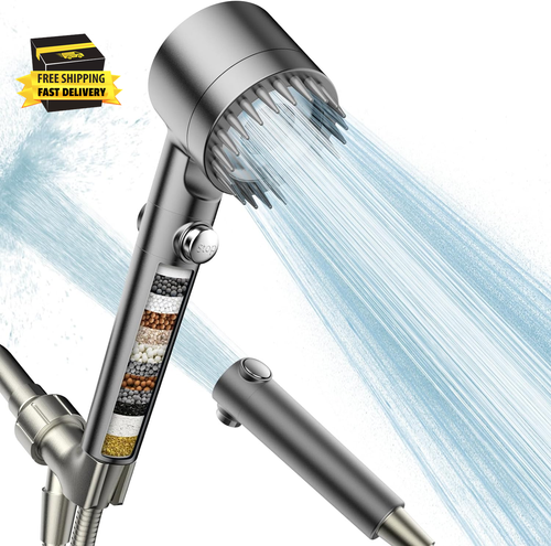 Filtered Shower Head with Handheld, High Pressure Water Flow and Multiple Spray