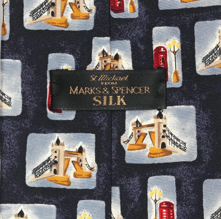 St. Michael Marks & Spencer 伦敦场景红色电话盒桥男式丝绸领带 — 第 4/4 张图片
