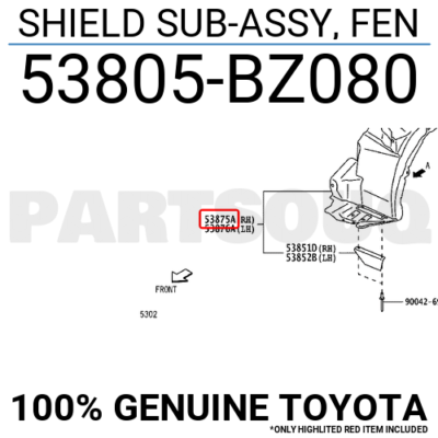哀蘭 53805-60110 Toyota Shield sub-assy, front fender splash, rh
