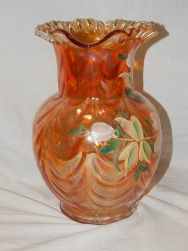 Vintage Floral Hand Painted Draped Fenton Carnival Glass Pitcher - Picture 4 of 8