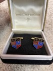 Vintage Manhattan Windsor Boxed Pair of Gold Tone Red Enamel Shield Cufflinks