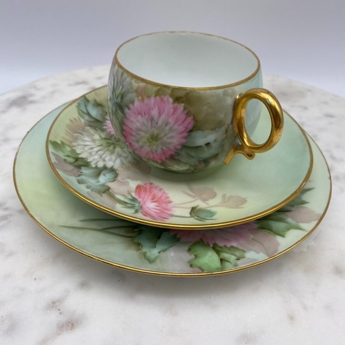 Antik Bavaria Teetasse Untertasse Teller Set handbemalt m. Stern floral gold - Bild 2 von 11