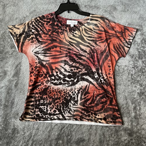 Breckenridge Blouse Top Womans Petite PM Short Sleeve Animal Print Multicolor
