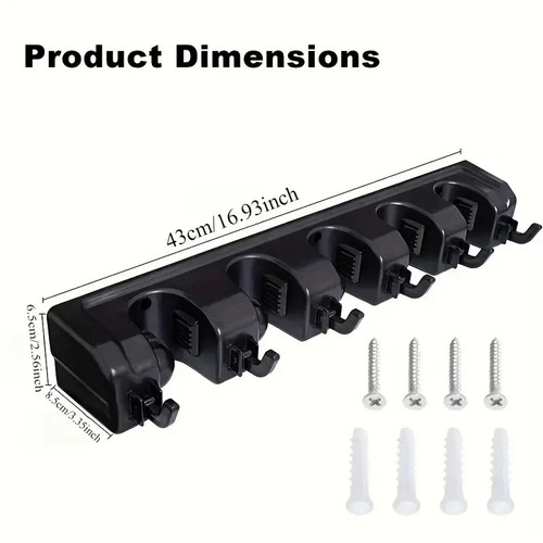 Heavy-Duty Mop Holder with 5 Slots & 6 Hooks - Perfect for Indoor/Outdoor - Picture 2 of 29
