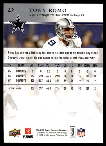 2008 Upper Deck First Edition In Person Auto No Cert Tony Romo Dallas Cowboys - Picture 2 of 2