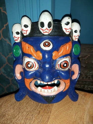 HAND CARVED WOODEN HAND PAINTED BHAIRAB MASK - Picture 10 of 17