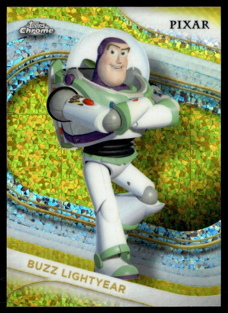 2025 Topps Chrome Pixar Buzz Lightyear #90 Yellow Mini Diamond Refractor Toy Sto