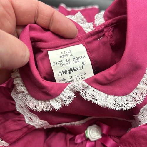 VTG Mini World Full Circle Dress 12 Month Ruffle Lace Bow Fuchsia Crinoline Slip - Picture 7 of 15