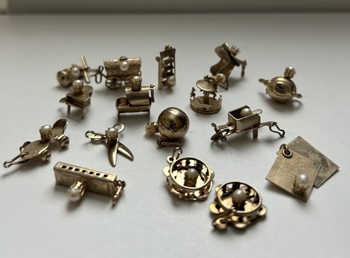 Vintage Gold Tone Jewelry Charms With Miniature Pearl Decals - Picture 2 of 15