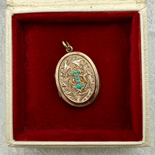 Antique 9k Solid Gold Turquoise Anchor Oval Locket Pendant