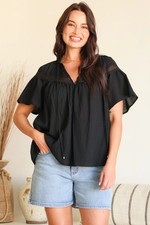 Eveta Blouse - Split Collar Delicate Lace Detailed Button Down with Short Sle...